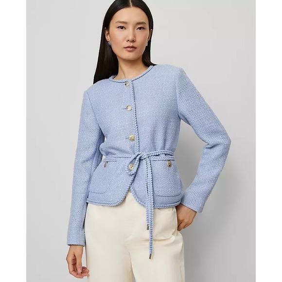 Ann Taylor Jackets & Blazers - Ann Taylor Blue Braided Trim Gold Crest Buttons Belted Tweed Jacket Womens 6P
